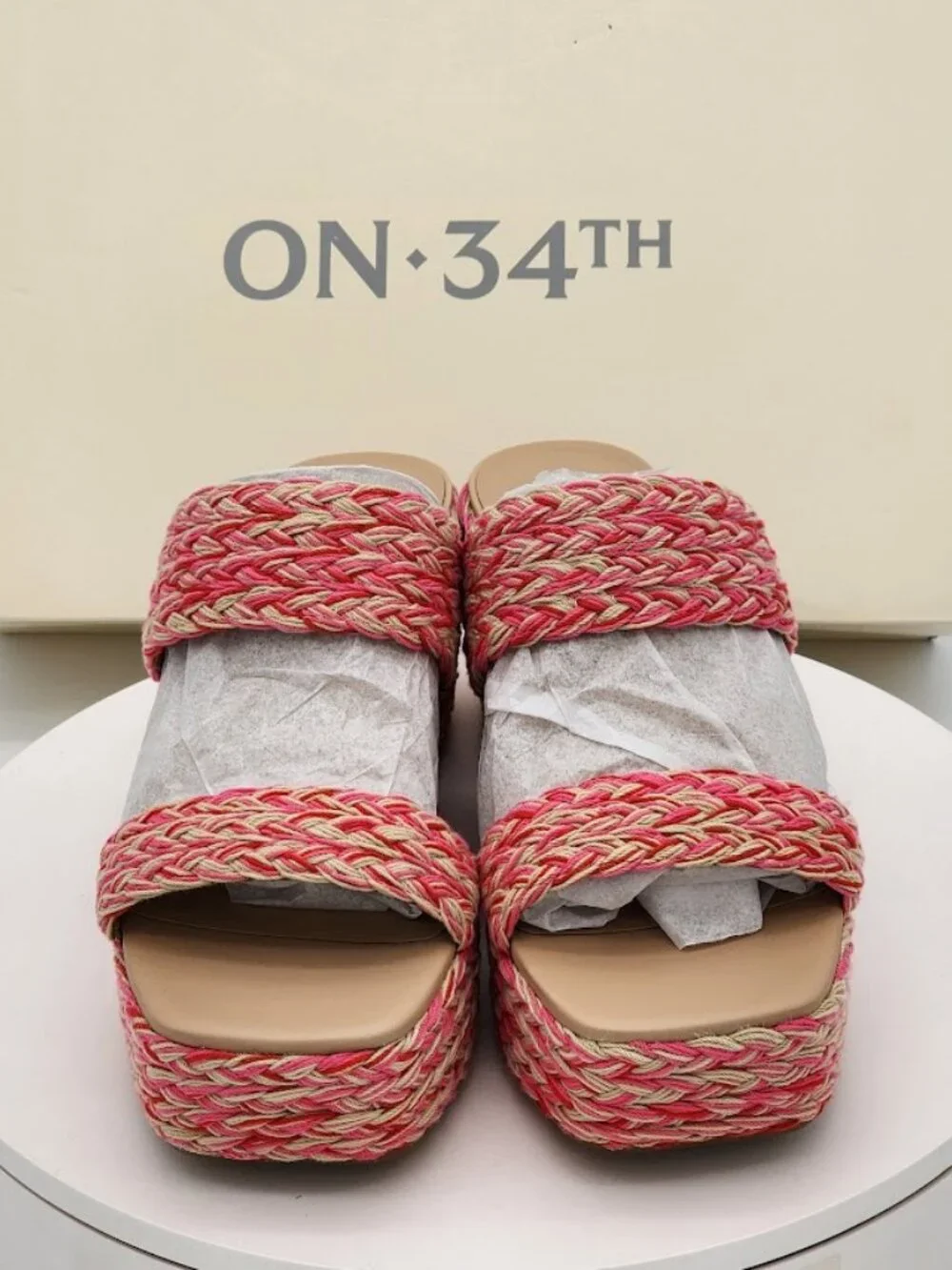 On 34th Norina Pink Multi Raffia Platform Wedge Sandals Women’s Size 9M